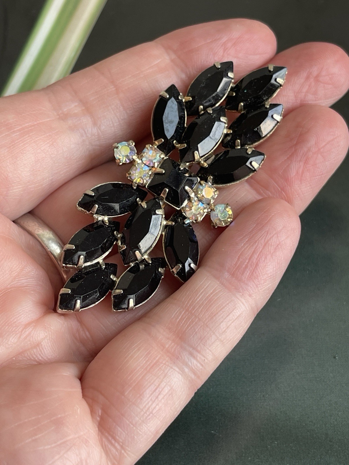Vintage Juliana slyle black navette rhinestone brooch AB unmarked