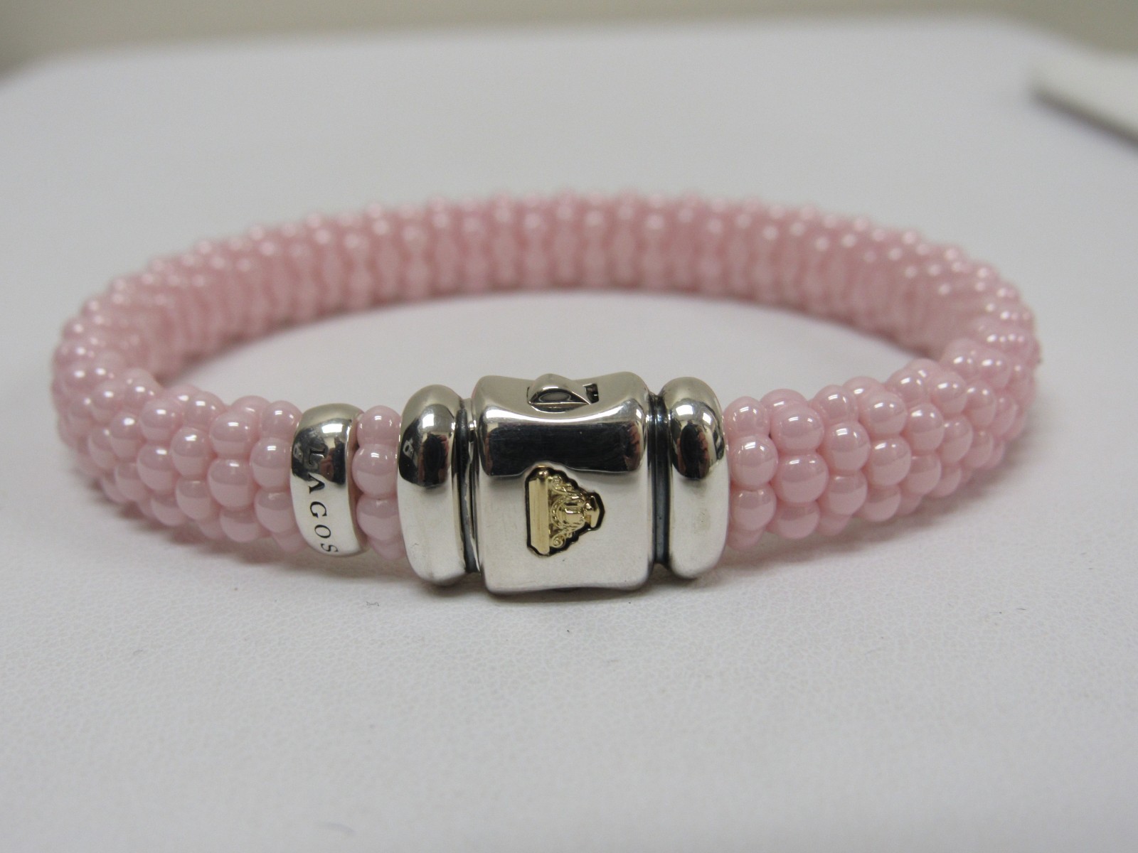 Designer LAGOS Sterling Silver 18K Pink Ceramic Caviar Rope Bracelet