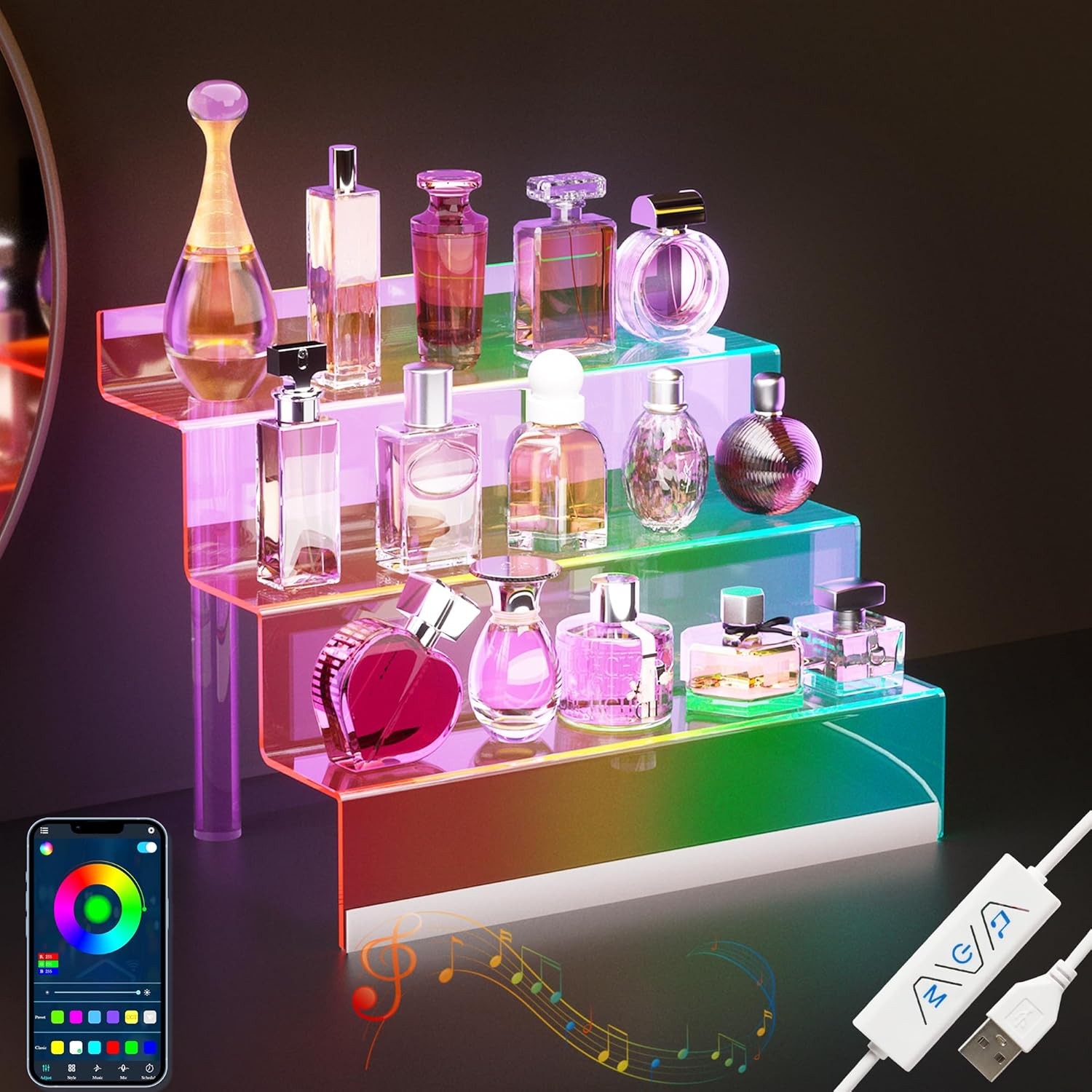 12” Acrylic Display Organizer with LED Light – 3 Tier Perfume Stand