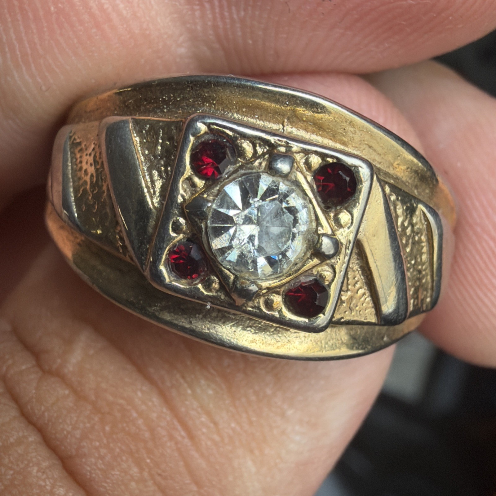 Vintage 14k GE Cubic Zirconia & Ruby Man’s Ring Size 12.75