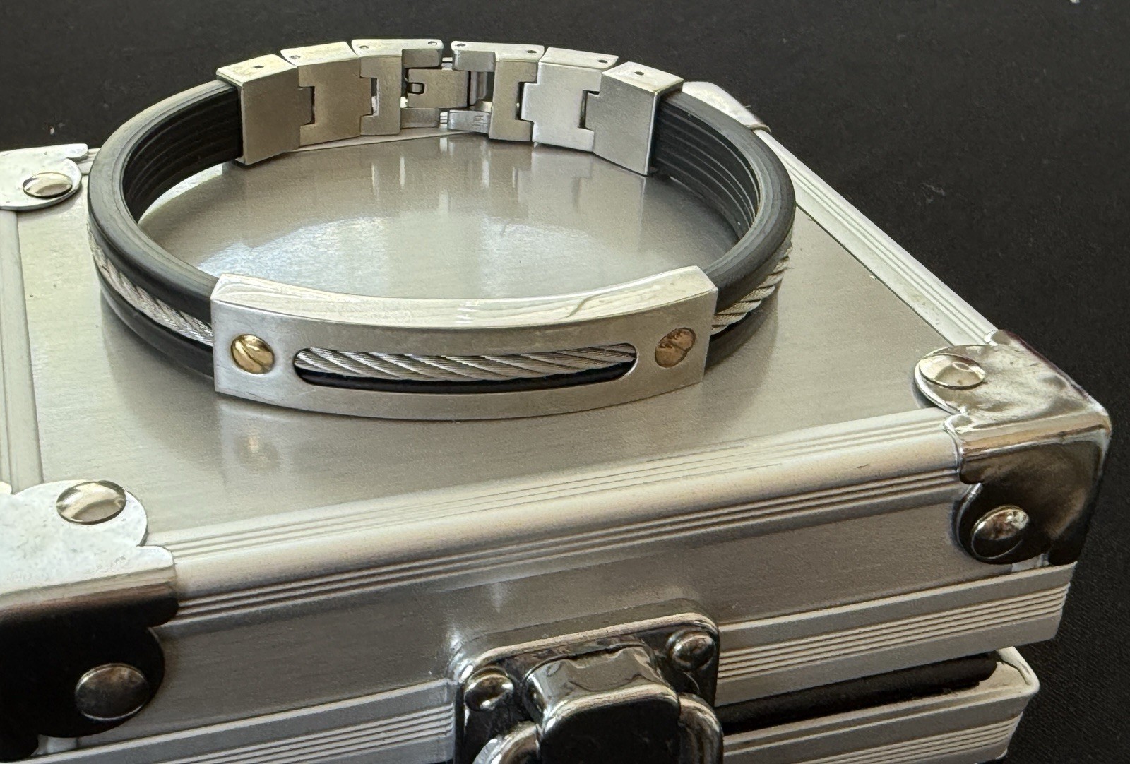 Triton Mens Bracelet Stainless Steel & Black Rubber 14K Gold Screws Cable Inlay