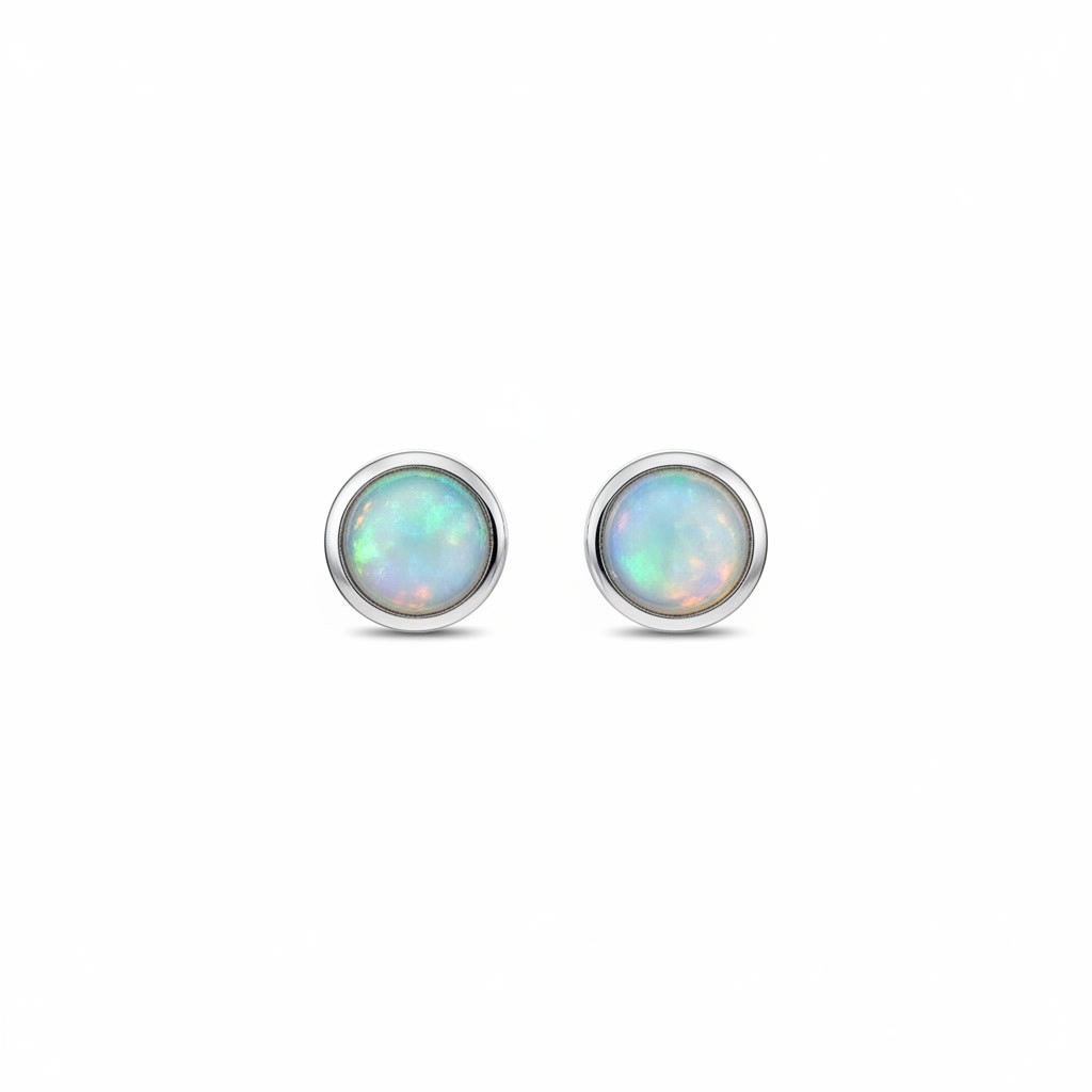 Natural Fire Opal Earrings with Bezel Setting, Round Opal Stud Earrings 5mm