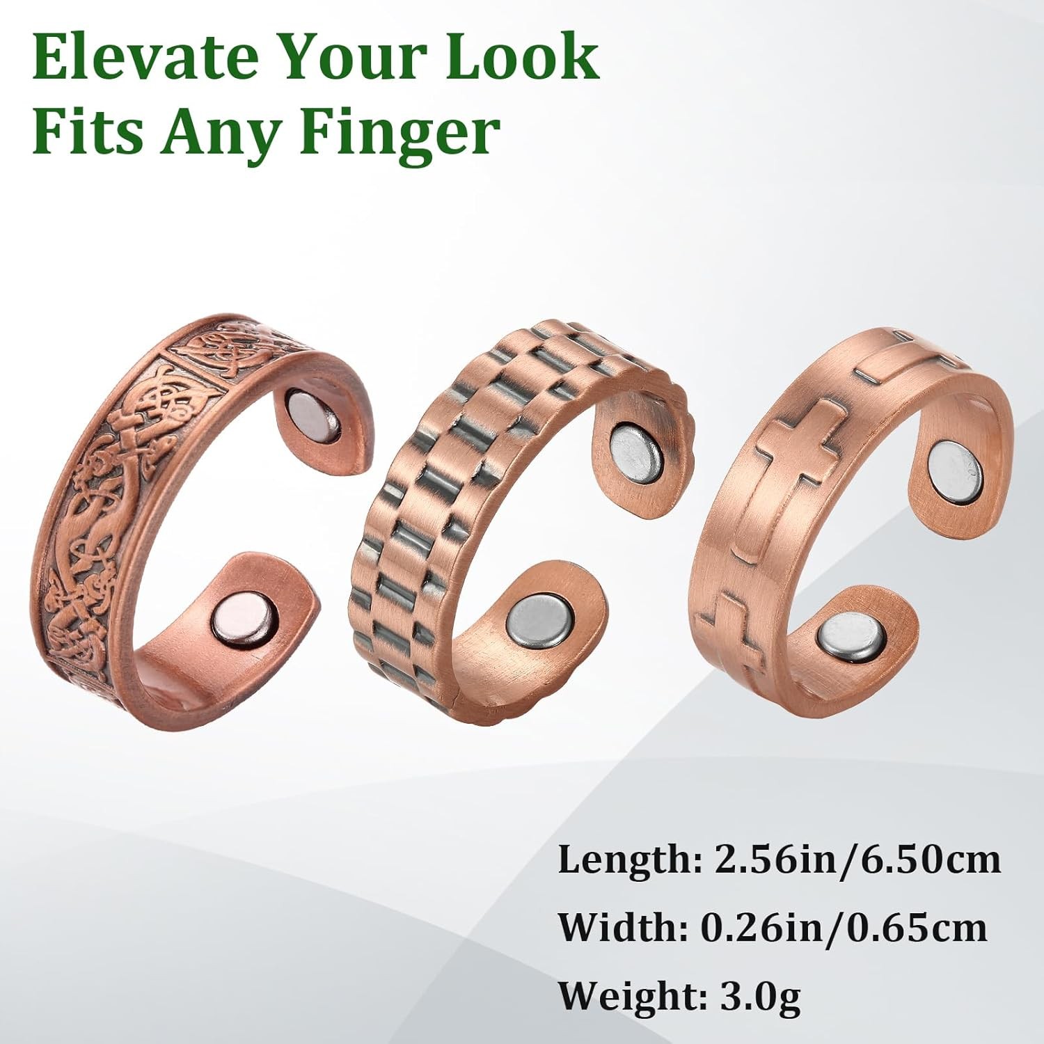 3 Copper Rings for Men Women, 99.9% Pure Copper Magnetic Rings, Adjustable