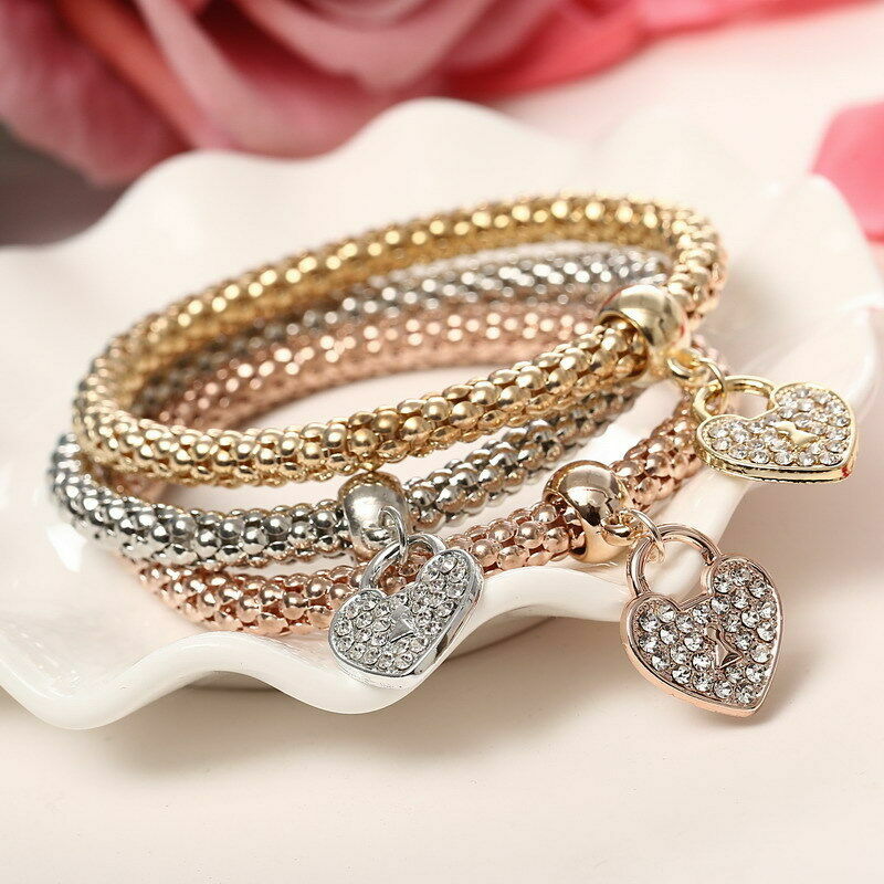 Silver Rose Gold White Topaz Heart Charm New Fashion Bracelet Bangle 3 in 1 Set