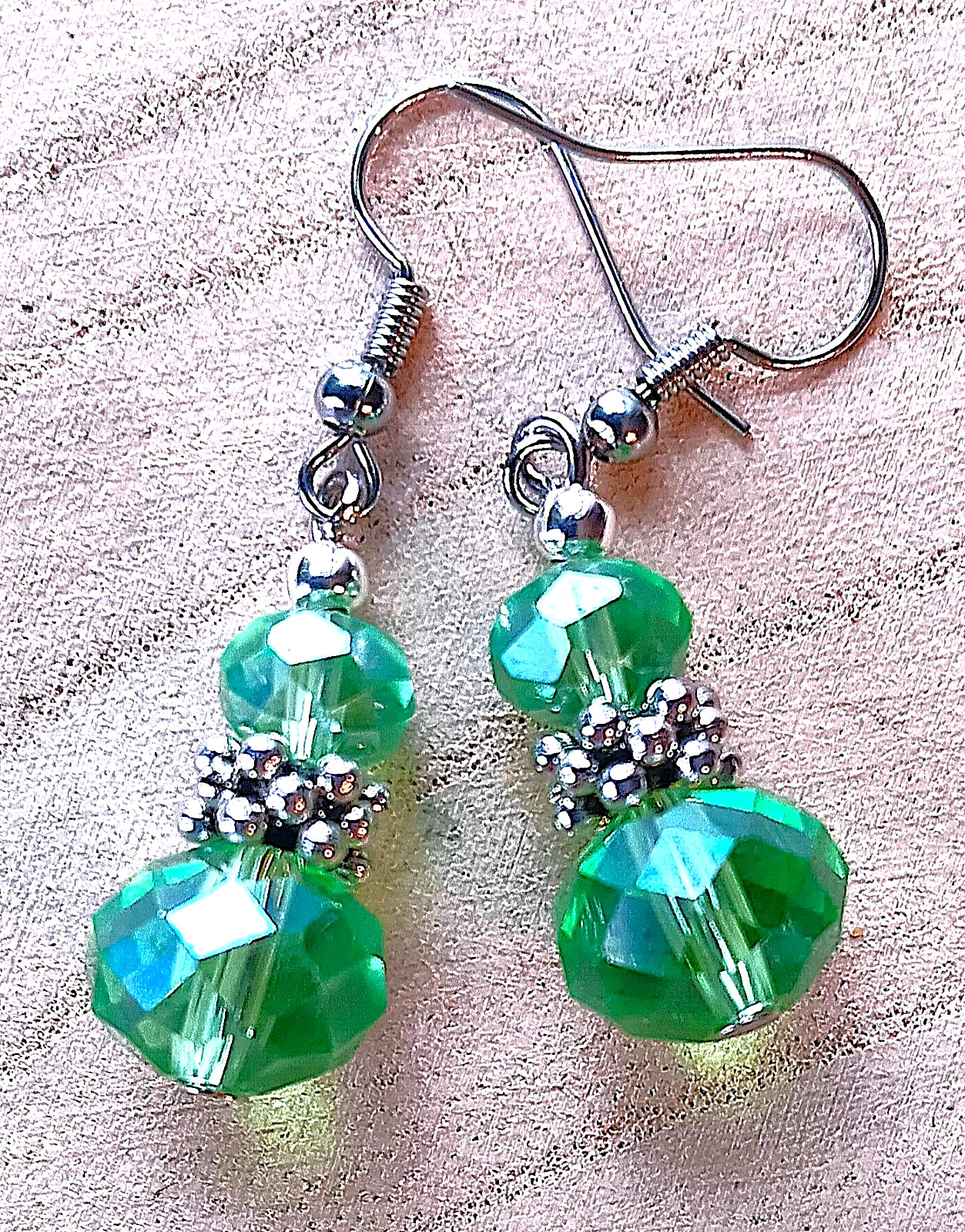 GREEN double Faceted CRYSTAL earring SP FISH HOOK handcrafted #250