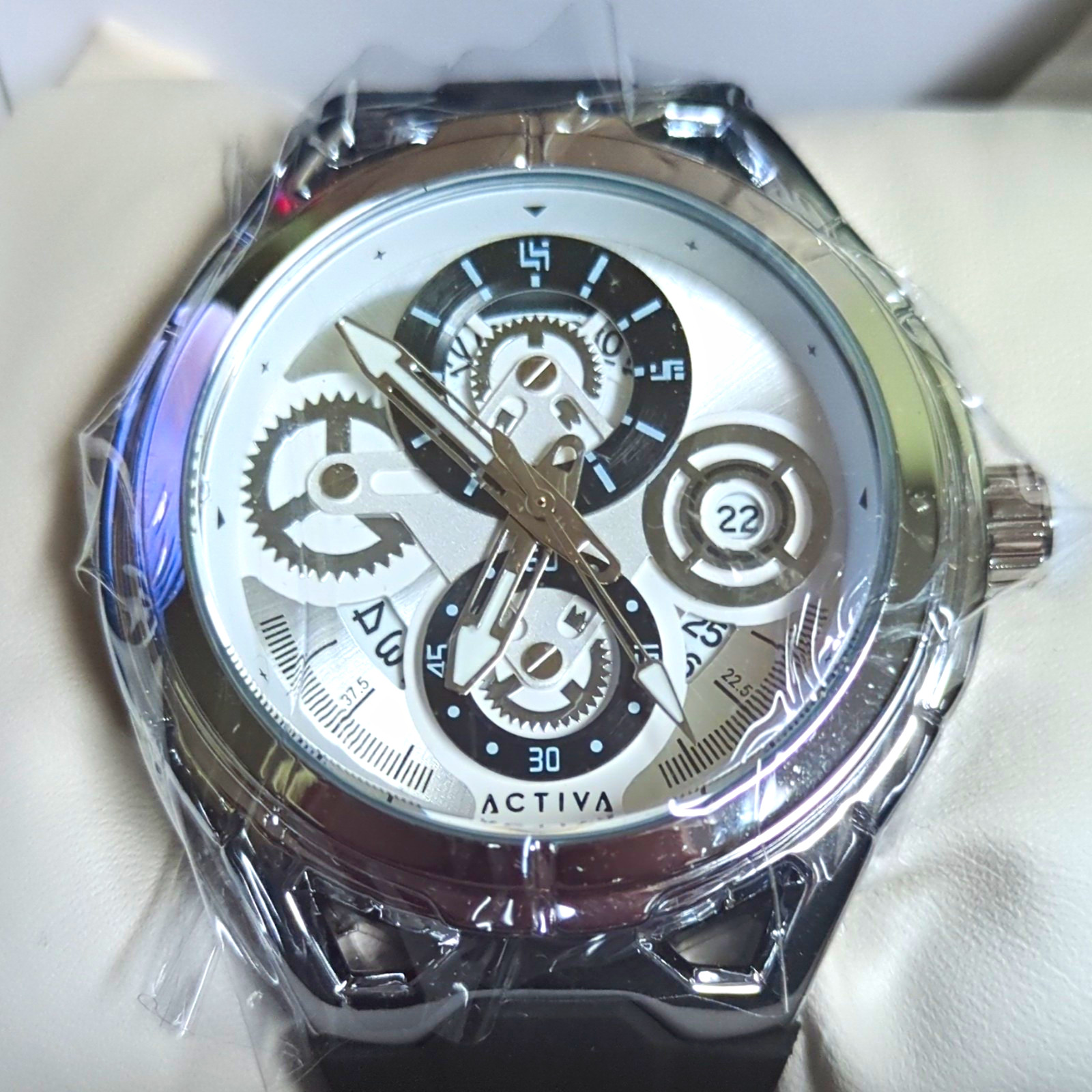 Activa Men’s Quartz Watch Date Silver Dial Black Leather Strap Steel Case w/Box