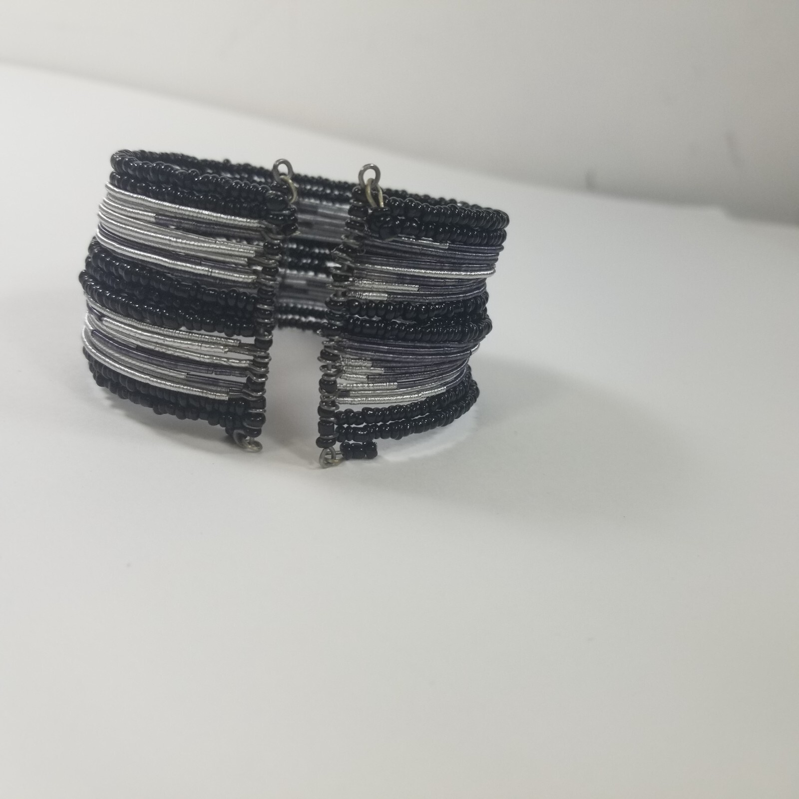 Beaded Wrap Cuff Bracelet Silver Tone Black Seed Beads, Flexible Fit, 1.5″ wide