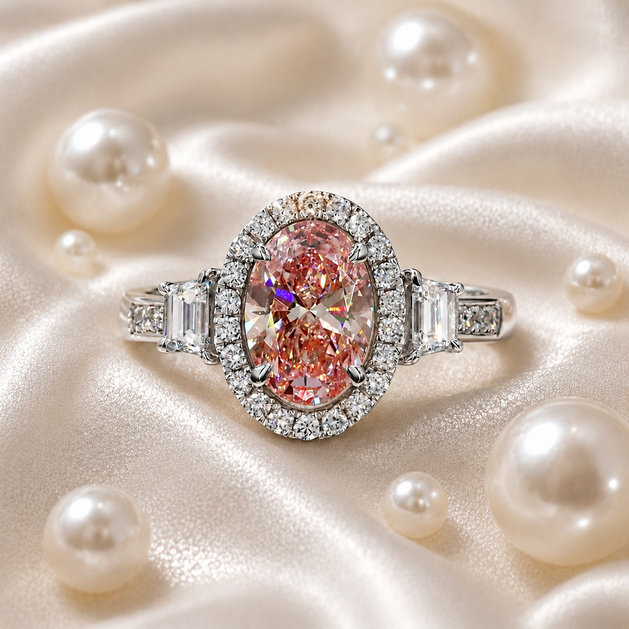 Fancy Vivid Pink Diamond Ring IGI Lab Created 5.00 Carat Oval Cut 18k White Gold