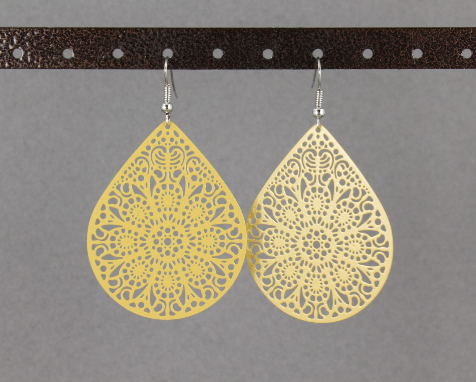 mustard yellow earrings teardrop dangle VERY lightweight oval filigree 2.5″ long