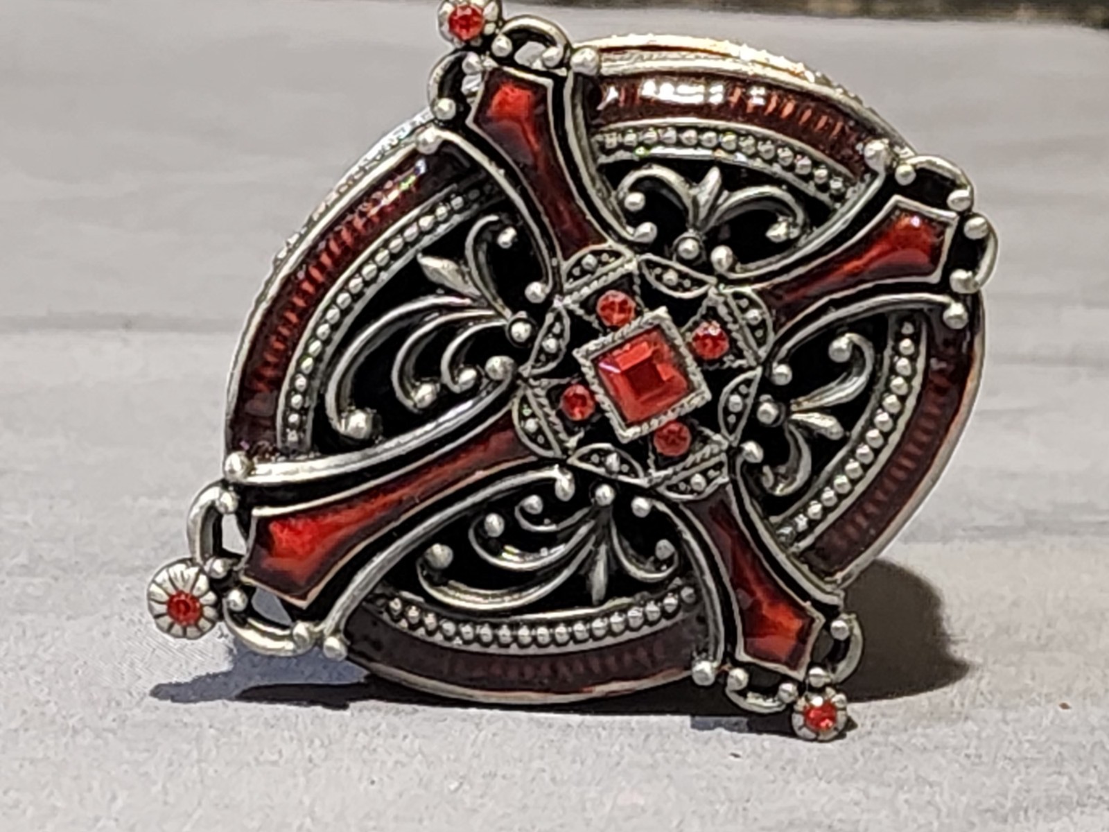 SMALL HINGED CROSS METAL AND ENAMEL TRINKET BOX RED RHINESTONES