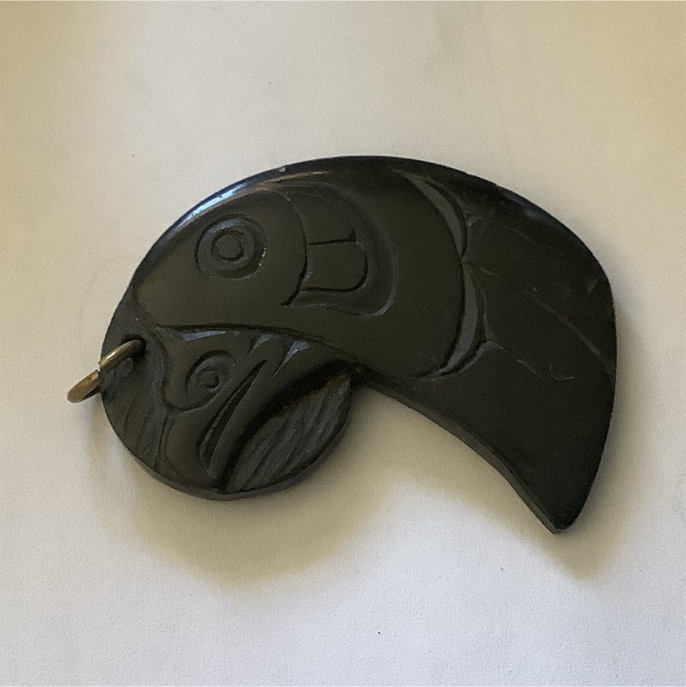 Denny Dixon Carved Argillite Stone Raven Animal Pendant, Signed