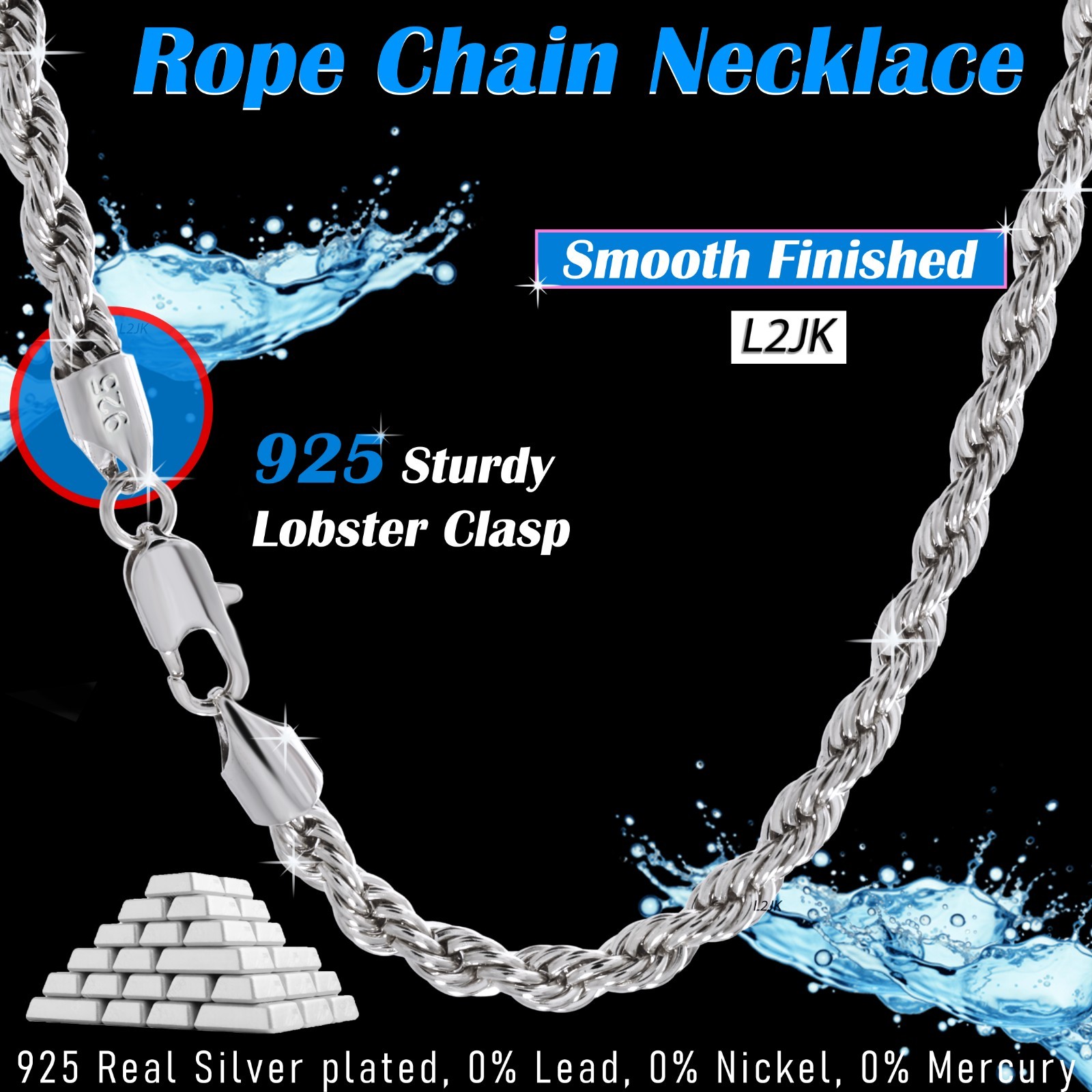 Rope Chain Necklace 3mm, 4mm, 5mm & 6mm – 20″ 24″ 30″ Silver Plated Mens Jewelry