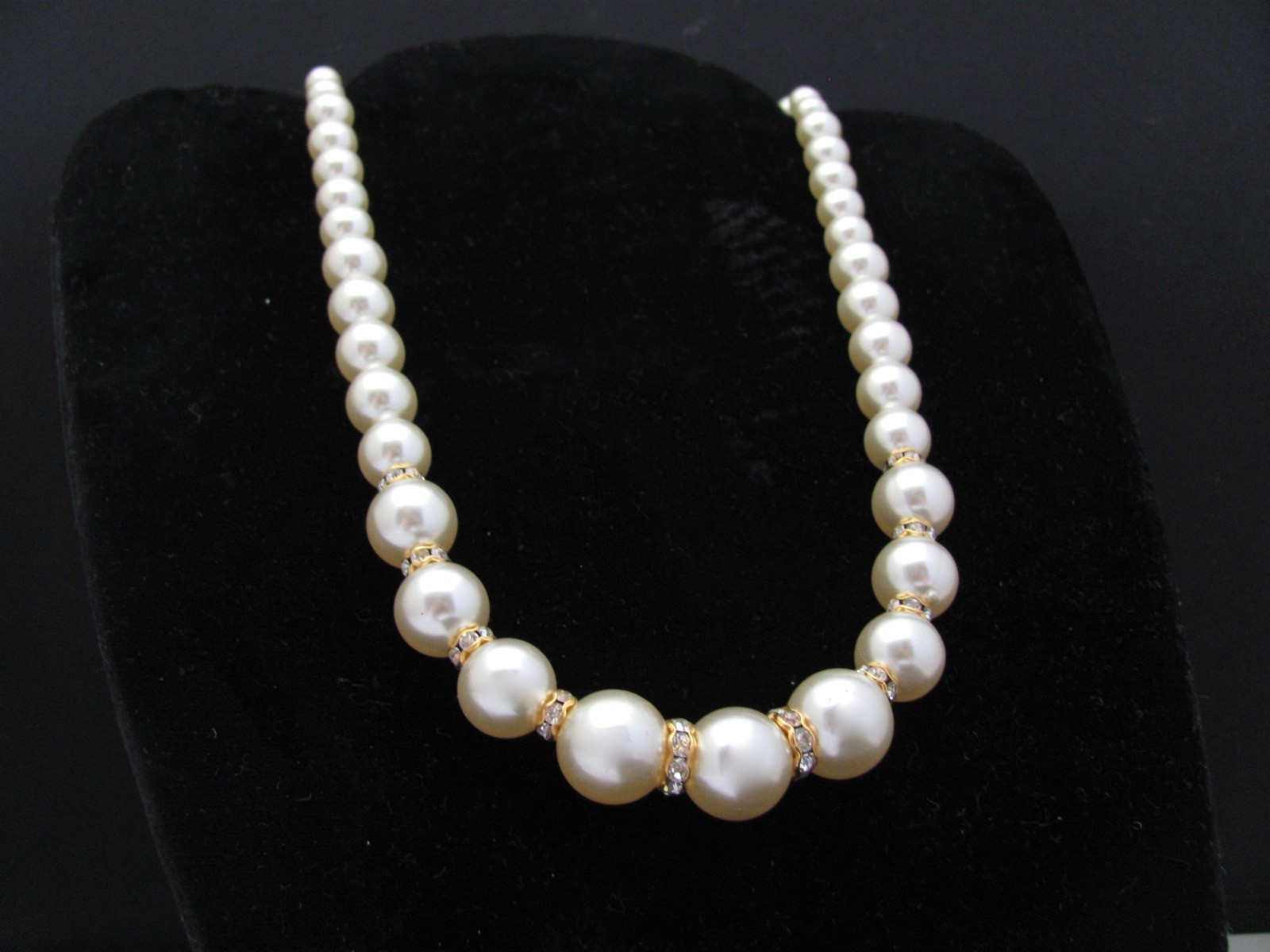 Vintage Pearl Necklace Cream White Faux Pearls Graduated Statement Crystal Gift