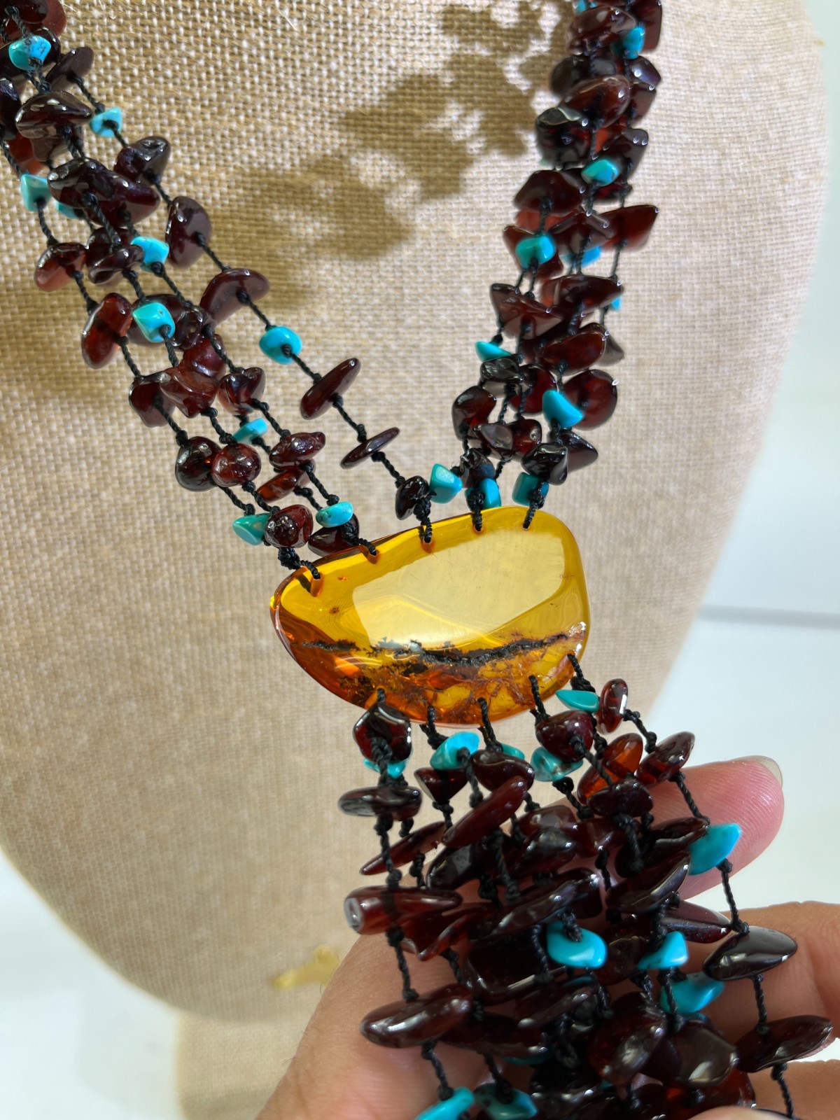 VTG Amber & Turquoise Nugget Chunky Beaded Stone Necklace 32″ Earrings Set DS51