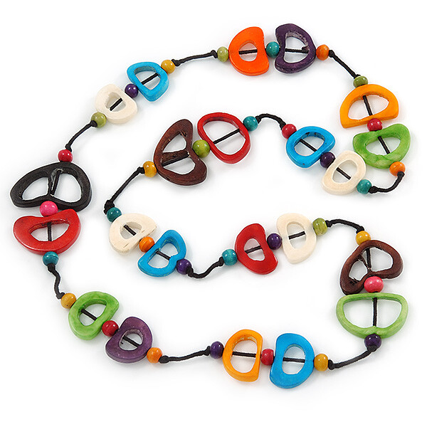 Long Wooden/ Bone Bead Cotton Cord Necklace In Multi – 92cm L