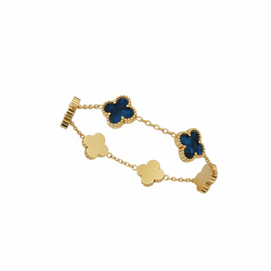 Iridescent Blue Clover Bracelet in Gold tone Stainless Steel