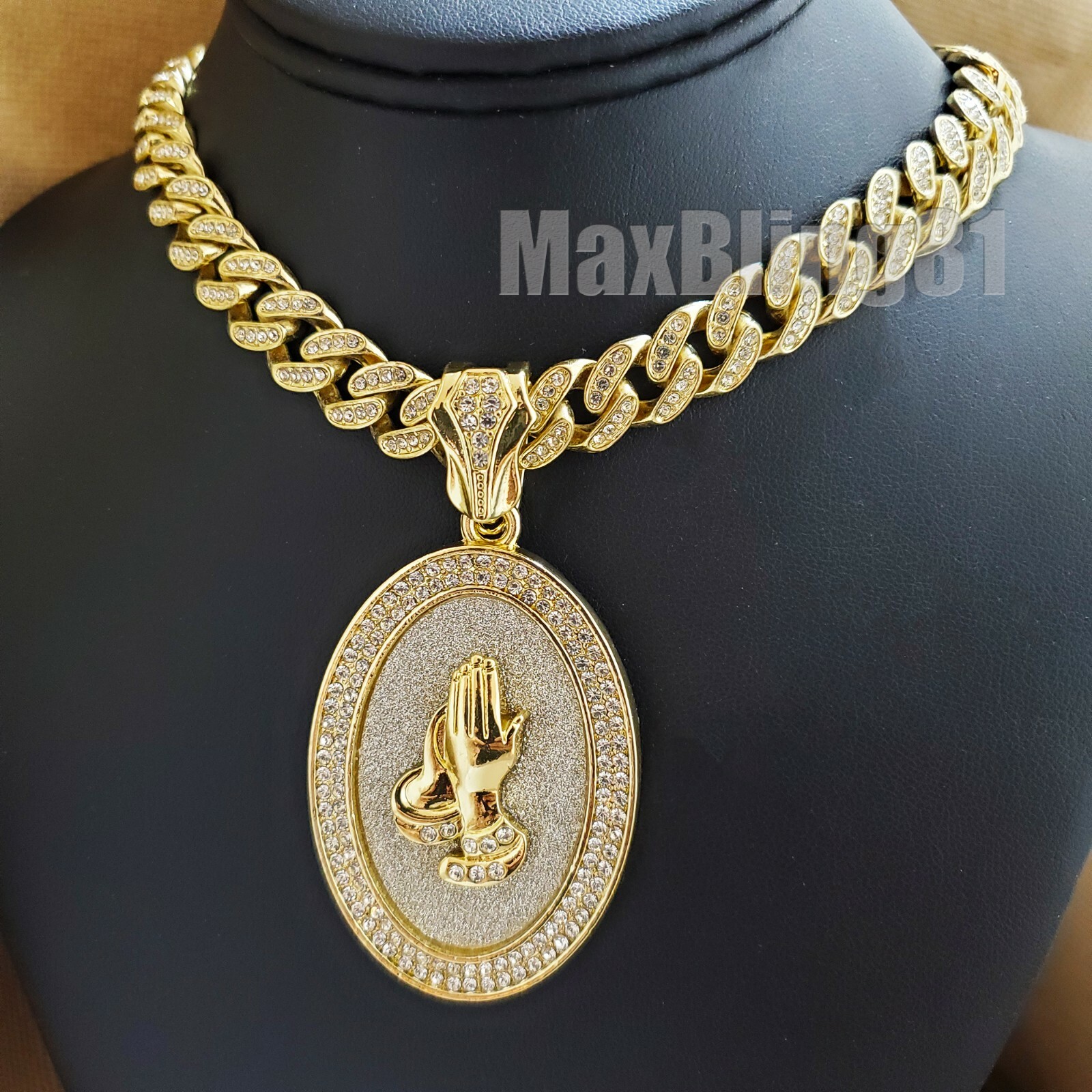 Praying Hands Oval Pendant & 16″ 18″ 20″ 24″ Iced Cuban Box Lock Chain Necklace