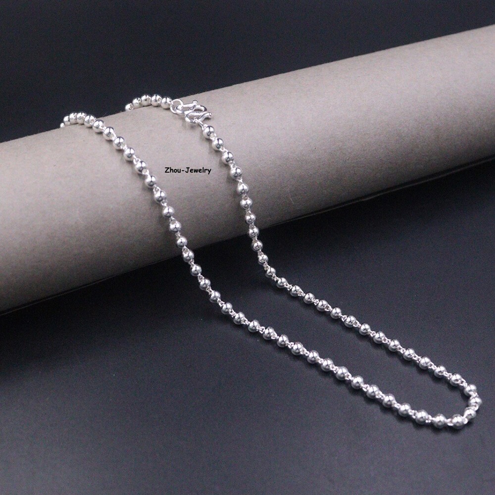 Pure S999 Fine Silver 999 Chain 3mm Lucky Smooth Beads Link Necklace 8-9g 17.9in