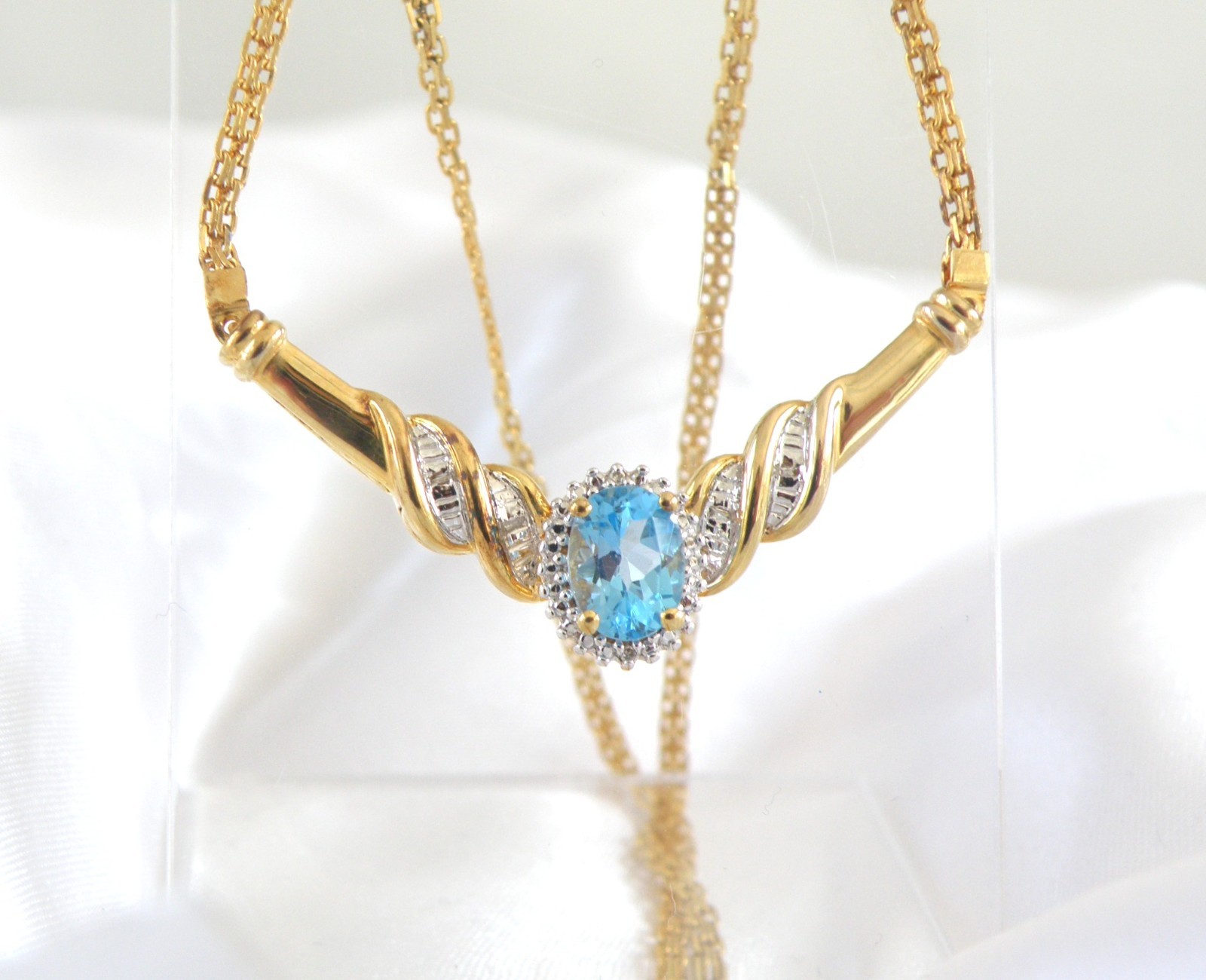 14K Gold on Sterling Silver 925 Natural Heated Blue Topaz Diamond Necklace 18″