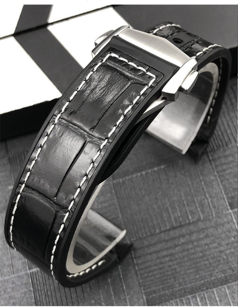 Fits Omega Semaster Planet Ocean 600 Black Leather Strap Rubber Lining Band 21mm