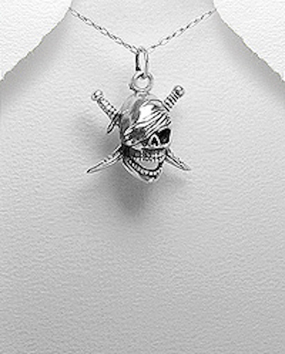 Solid Sterling Silver Pirate Skull Pendant Goth Harley-ish 5.7g 30mm =1.18″ Long