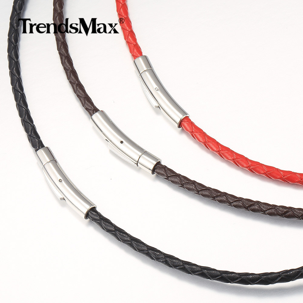 4/6MM Red/Brown/Black Braided Cord Rope Leather Necklace Choker Push Lock 16-30″