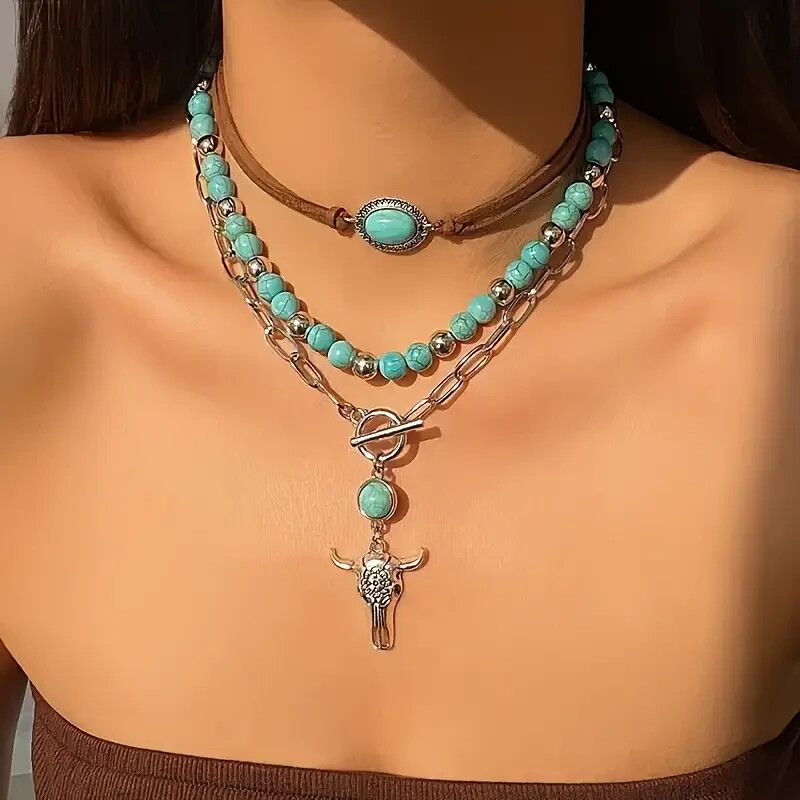 Elegant 925 Sterling Silver Vintage Tibetan Tibet Turquoise Pendant Necklace 3pc