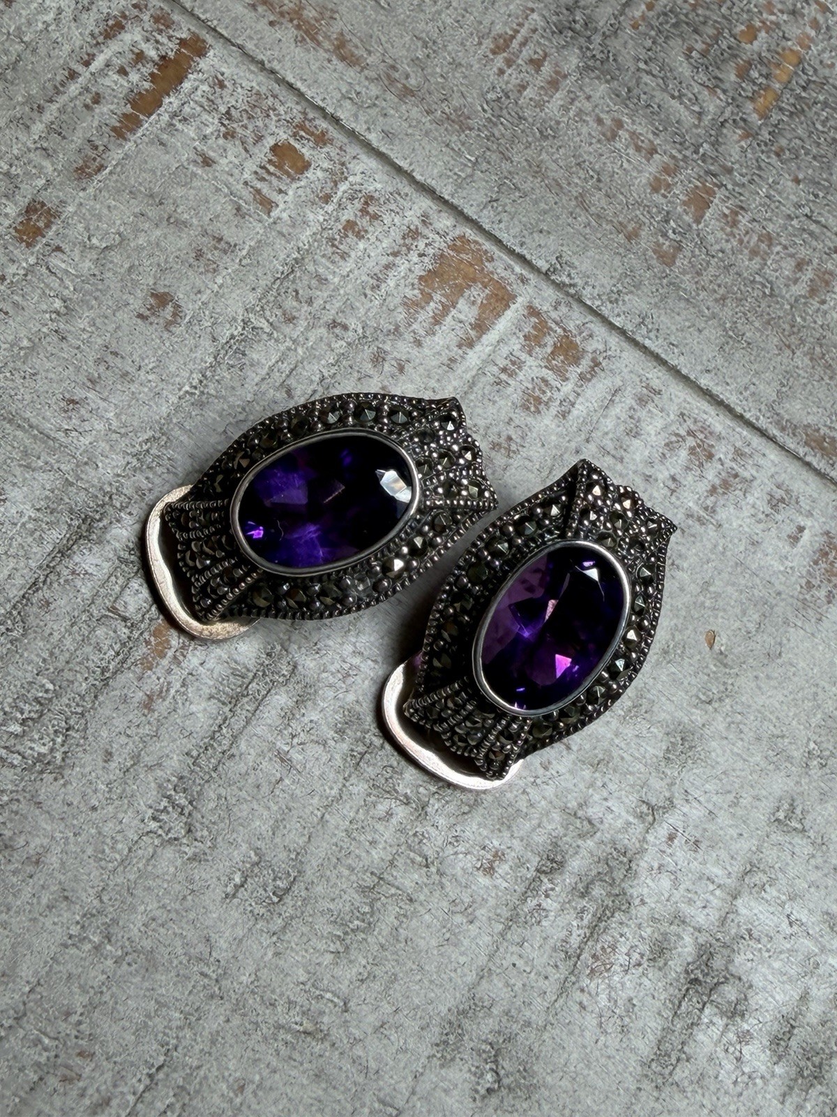 Sterling Silver Amethyst And Marcasites Clip On Vintage Earrings