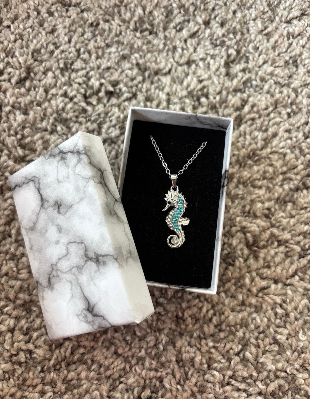 Beautiful Silvery & Teal Sea Horse Necklace With Lobster Clasp And Jewelry Box