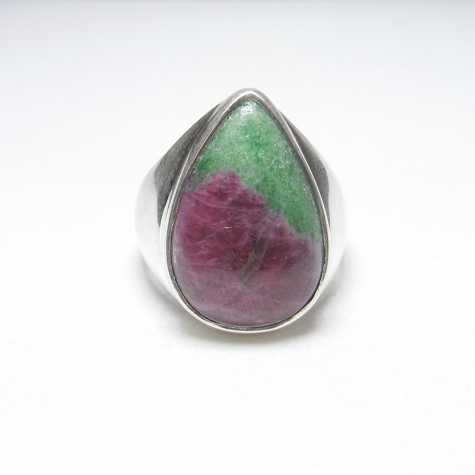 Heavy Sterling Silver 10.00 Ct Natural Pear Shape Red, Green Ruby Zoisite Ring
