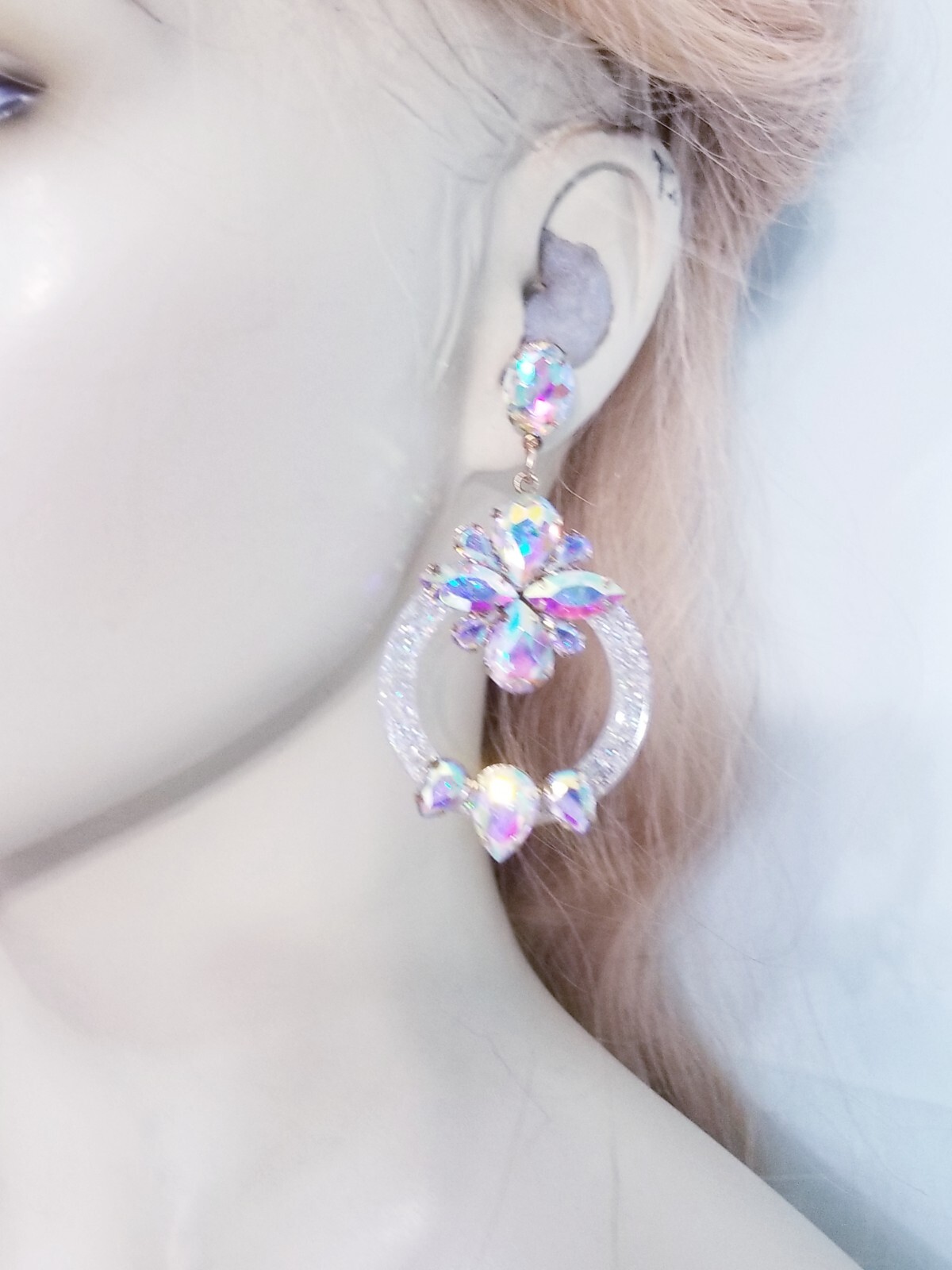 Drop Dangle Chandelier Earrings 3.3 inch AB Rhinestone Acrylic Hoop Pageant Prom