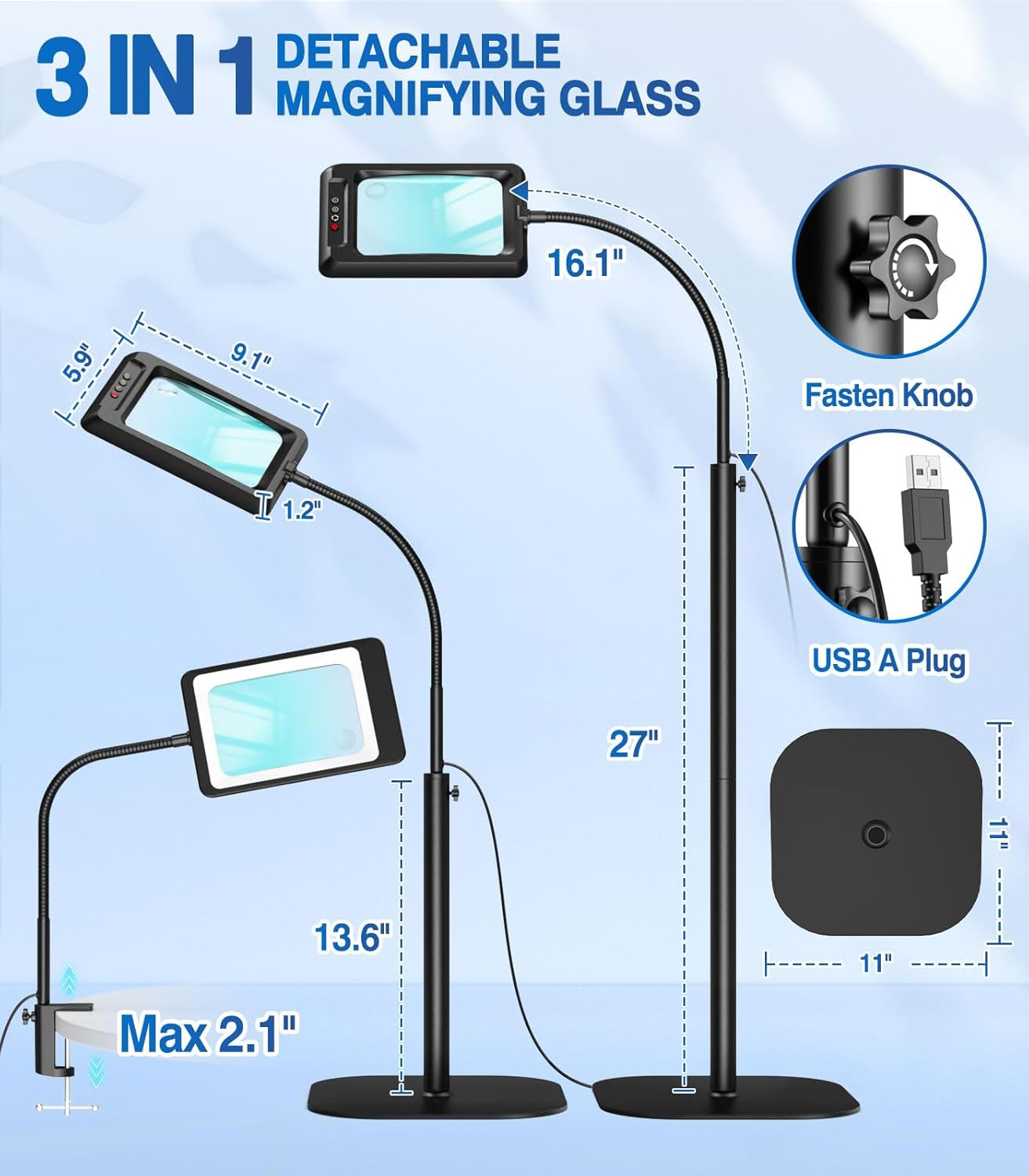 10X Large Floor Magnifying Glass with Light and Stand,Flexible Gooseneck Floor M