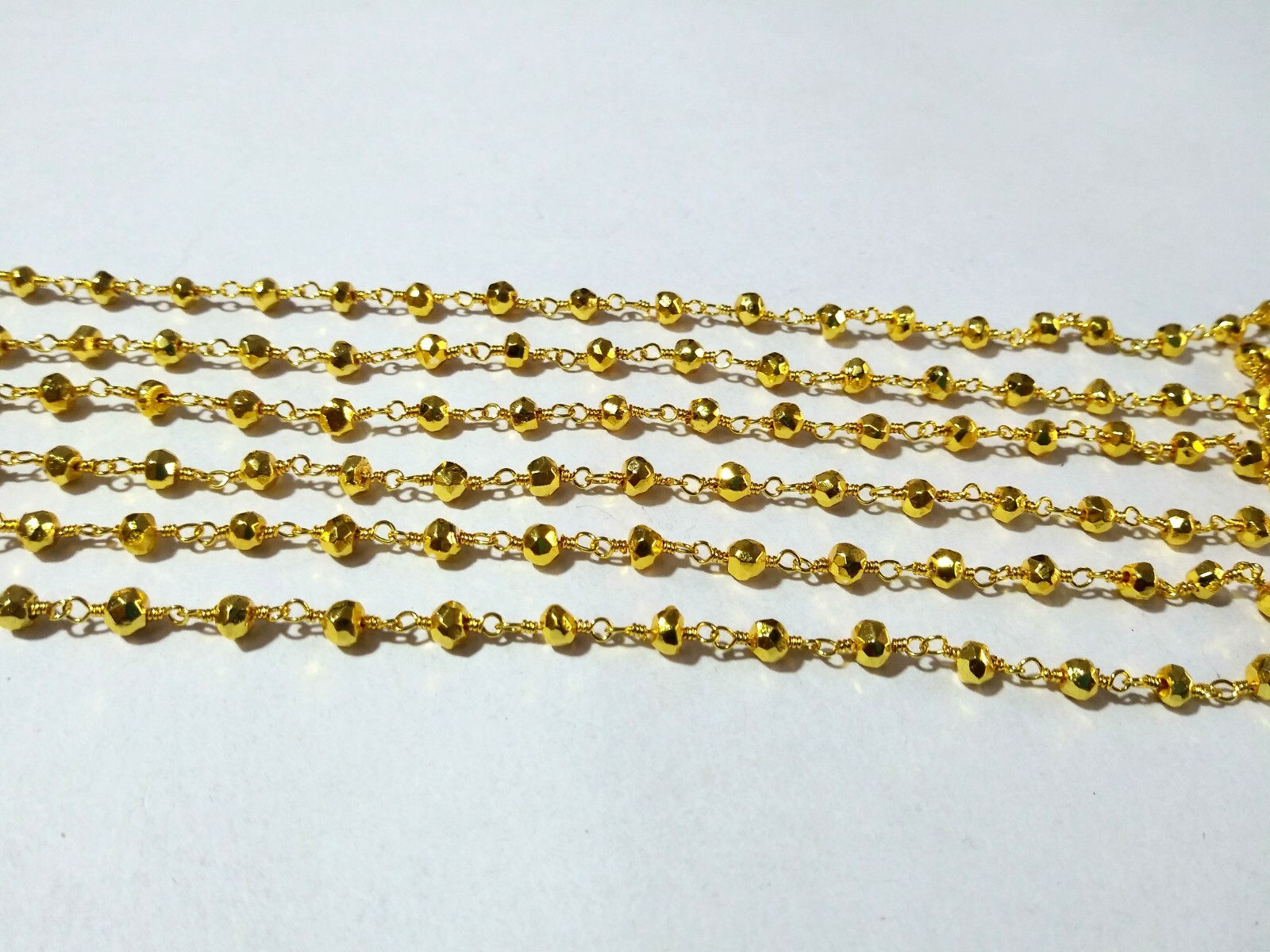 Golden Pyrite Roundelle Rosary Beaded Chain 24k Gold Plated Wire 3mm 3 Feet