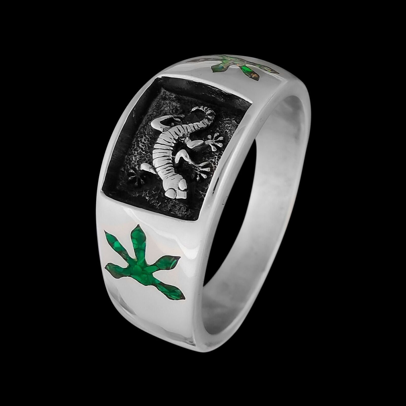 Navajo Handmade Gecko Ring • 925 Sterling Silver • Lizard Design • Green Opal…