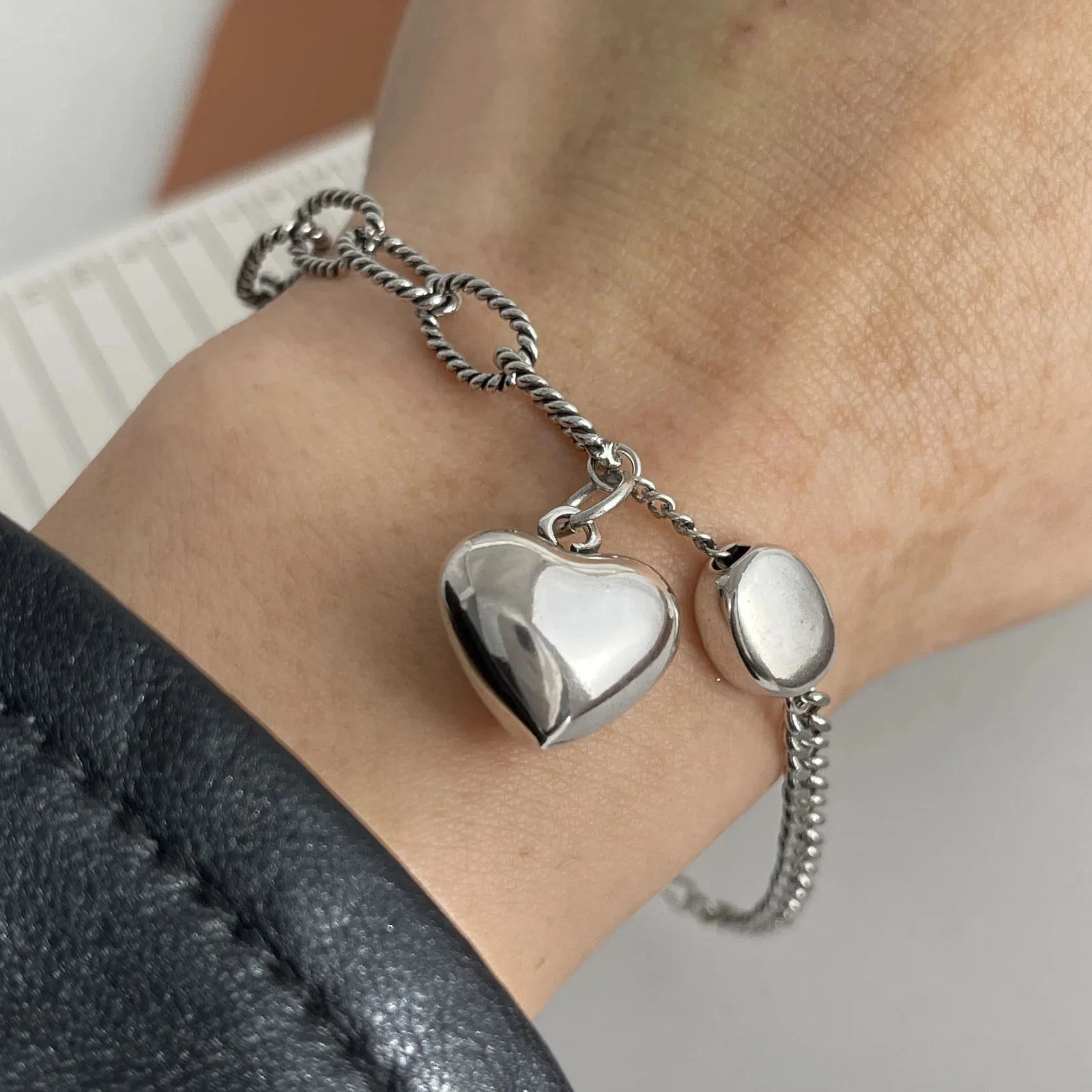 Women’s Vintage Heart Bracelet – Solid 925 Sterling Silver Handmade Jewelry