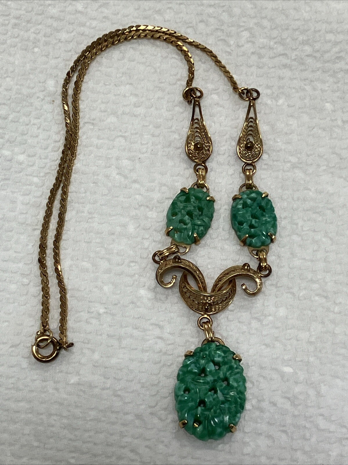 VINTAGE VAN DELL FILIGREE /JADE GLASS 12K FILLED NECKLACE -RARE