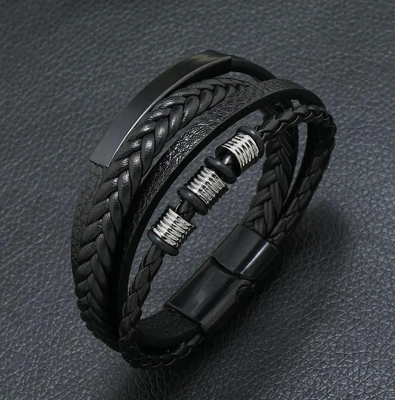 Men’s Multilayer Braided Leather Bracelet with Stainless Steel Clasp 21cm