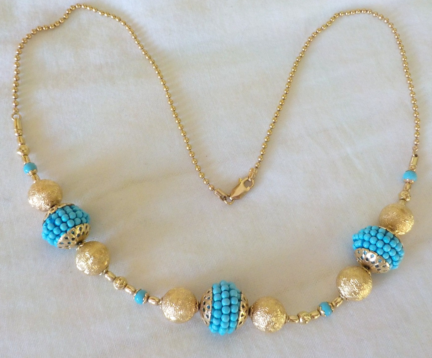 Solid 14K Yellow Gold Beaded Turquoise Diamond Cut Necklace – 18.3 gms, 20.5 in