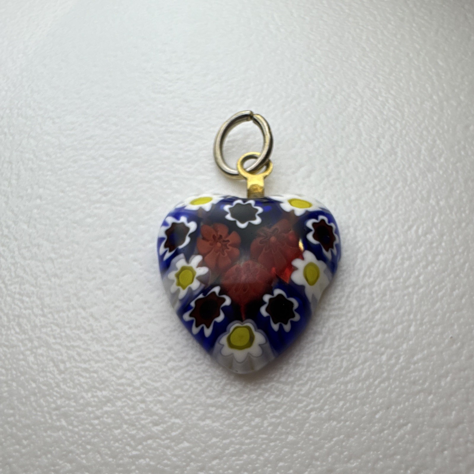 Heart Charm Pendant, Multicolor Glass, Floral Pattern, Love Theme, No Stone