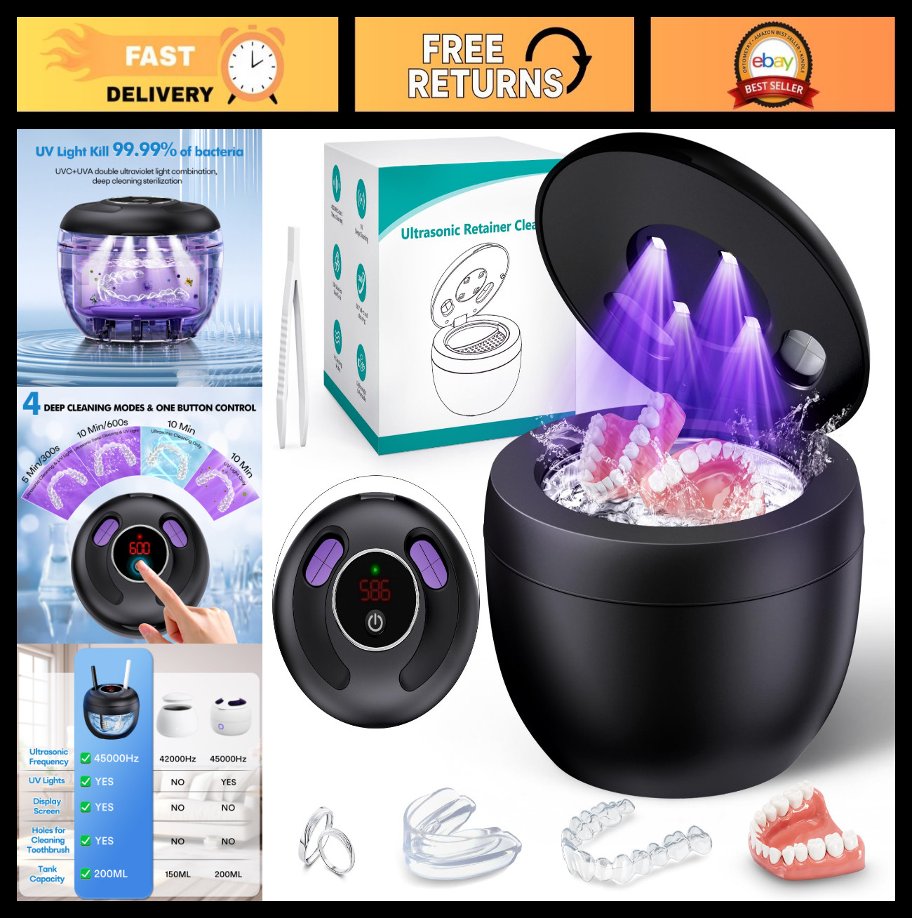 Ultrasonic Cleaner 45kHz for Dentures, Braces, Aligners, Jewelry – 200ML Capacit