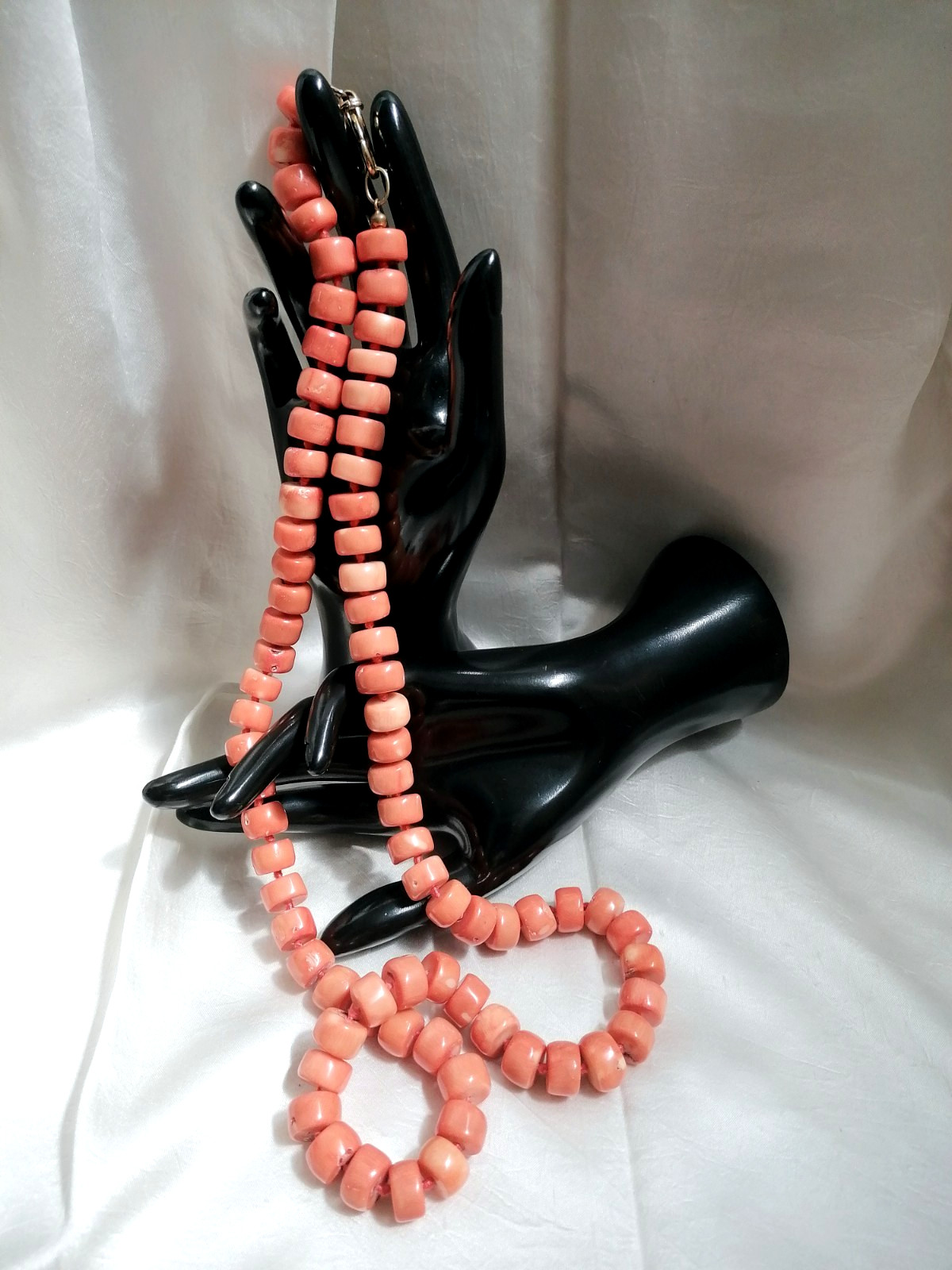 SPECTACULAR MAXI LONG NECKLACE CORAL BAMBOO SALMON CLASP SILVER GOLD.