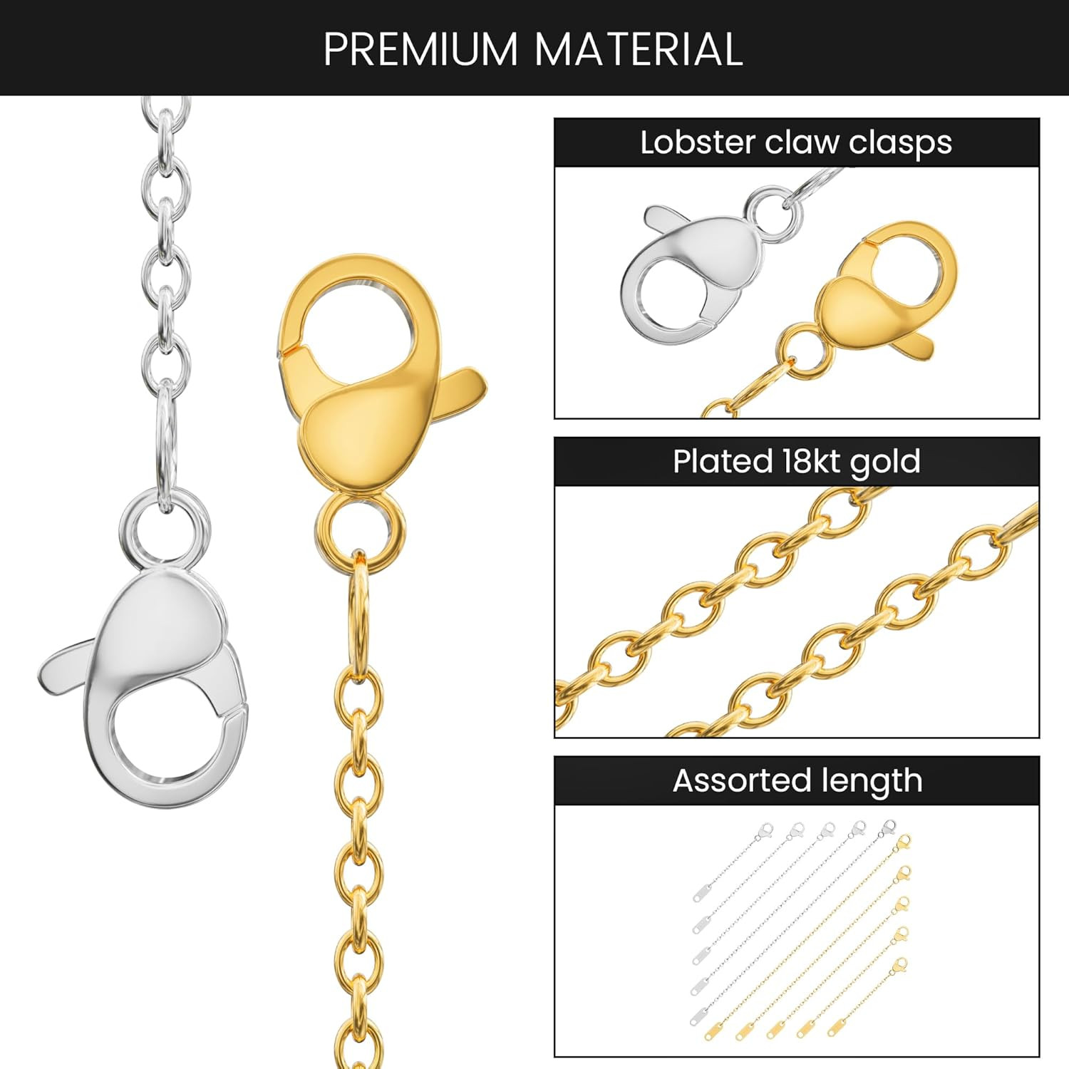 Necklace Extenders, 3 Pc Gold Plated Chain Extenders, 2″, 4″, 6″