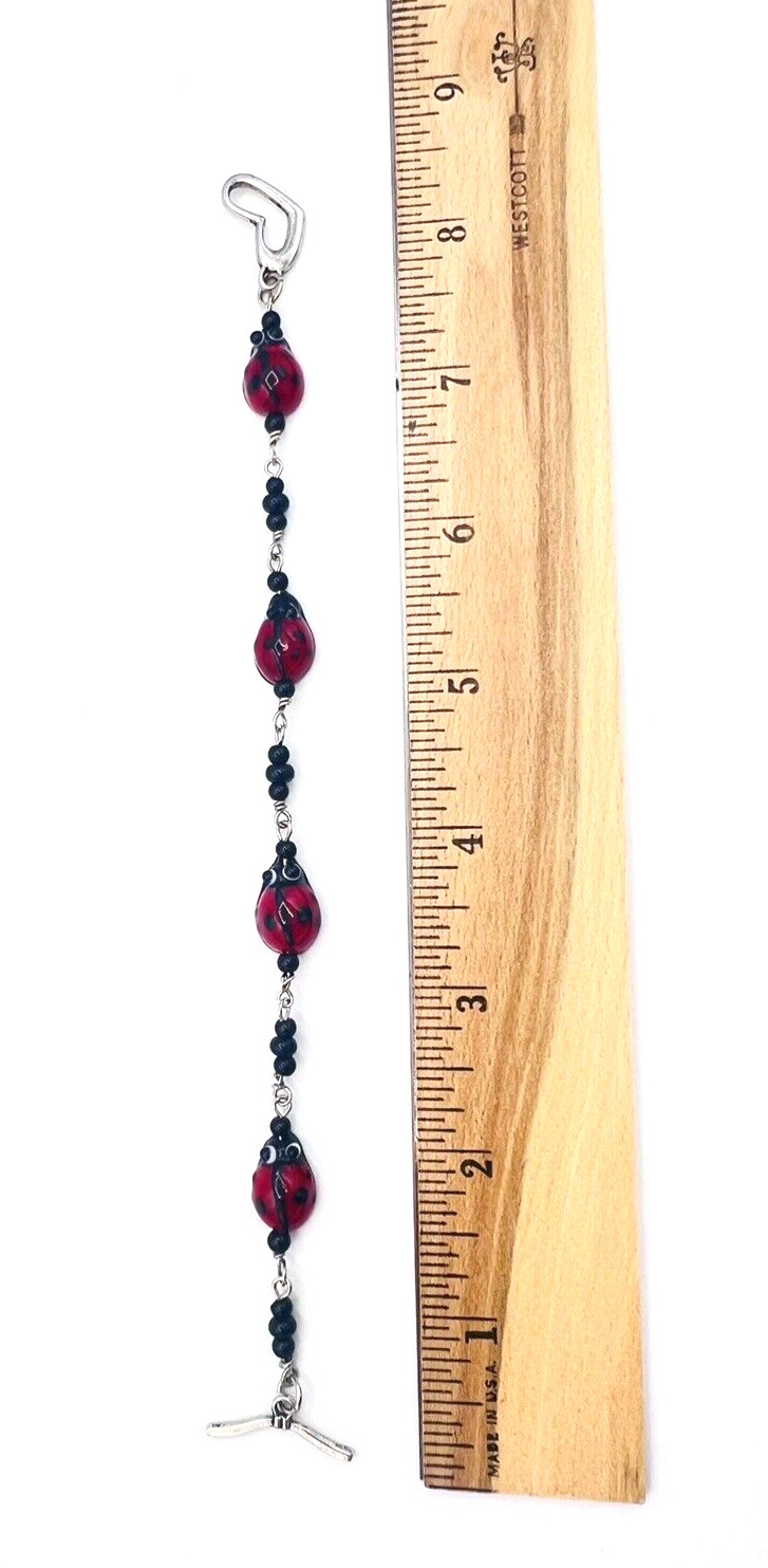 Glass Bead Red Black Ladybug Bracelet Heart Toggle Clasp 8.25 in