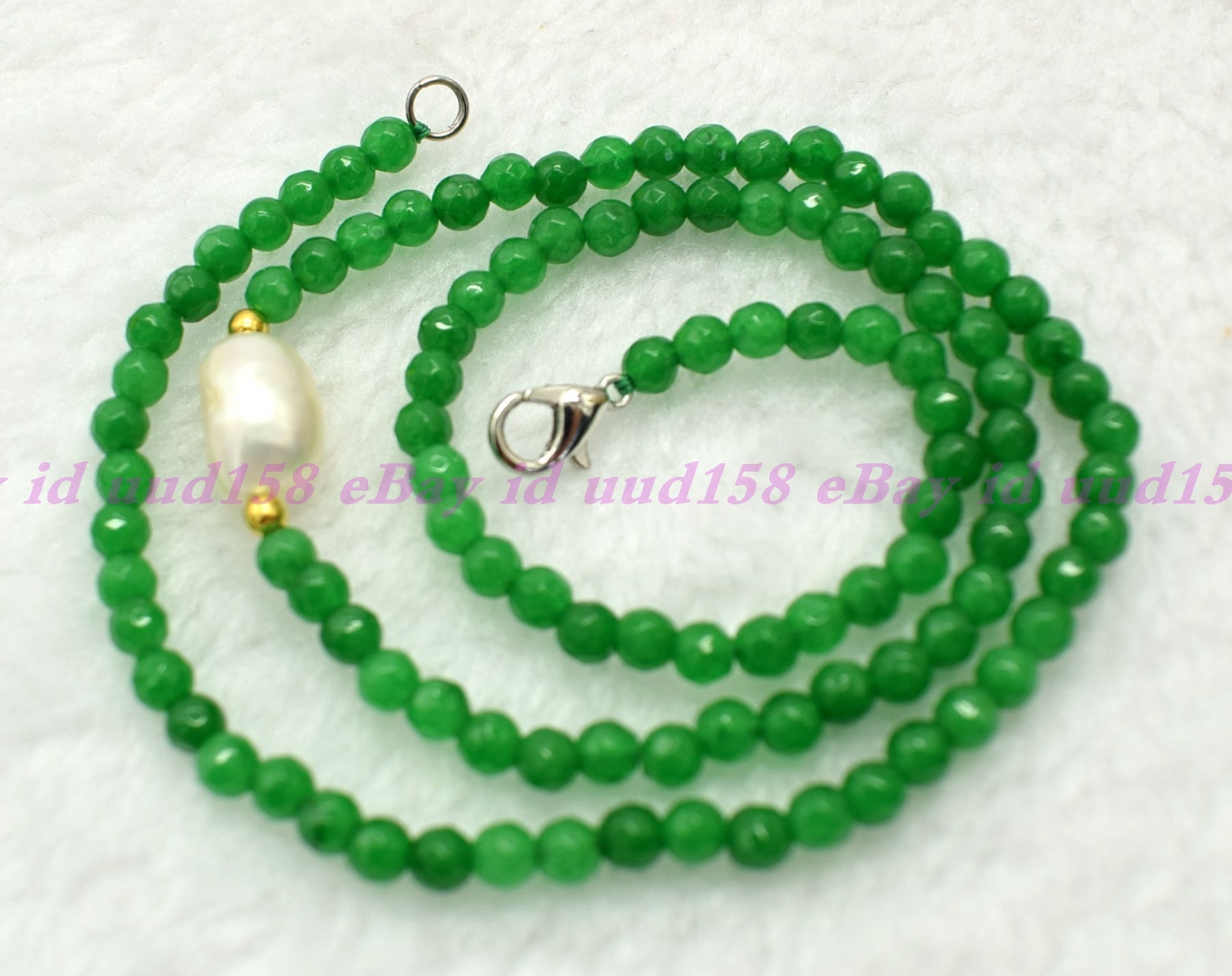 Faceted 4mm Green Jadeite Roundelle Gemstone White Pearl Necklace 16-28” AAA