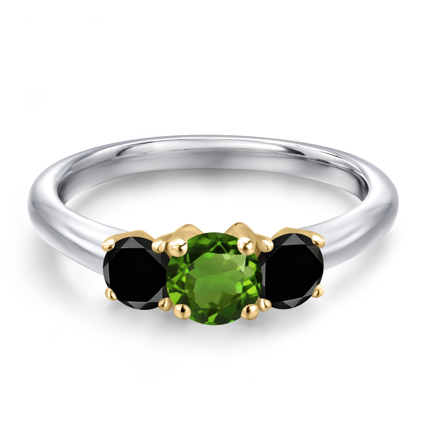 925 Silver and 10K Yellow Gold Green Chrome Diopside and Black Diamond