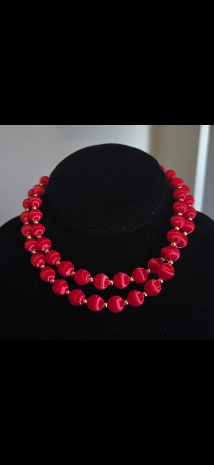 Vintage Red Satin Ball Necklace with gold tone separator beads