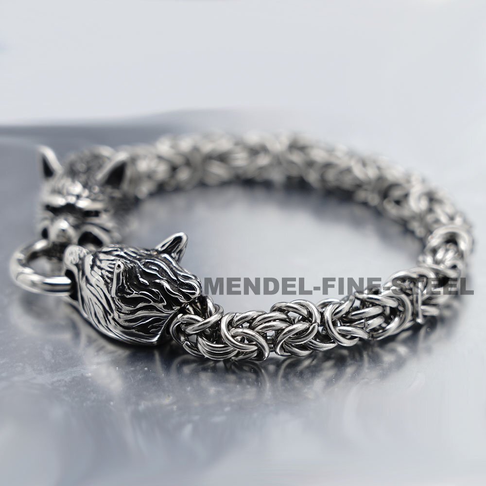 MENDEL 6-8 inch Mens Stainless Steel Norse Viking Fenrir Wolf Head Bracelet Men