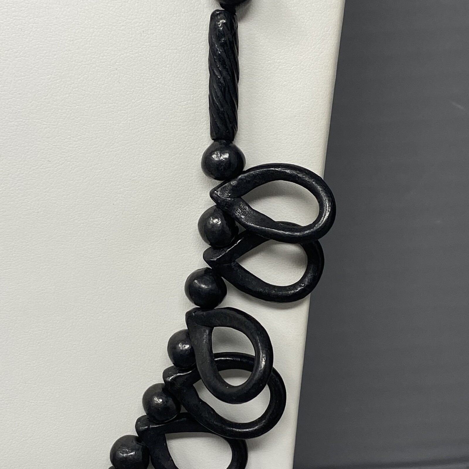 Vintage Beaded Necklace Black Wood or Resin Textured Loops Funky Long Fringe 30″