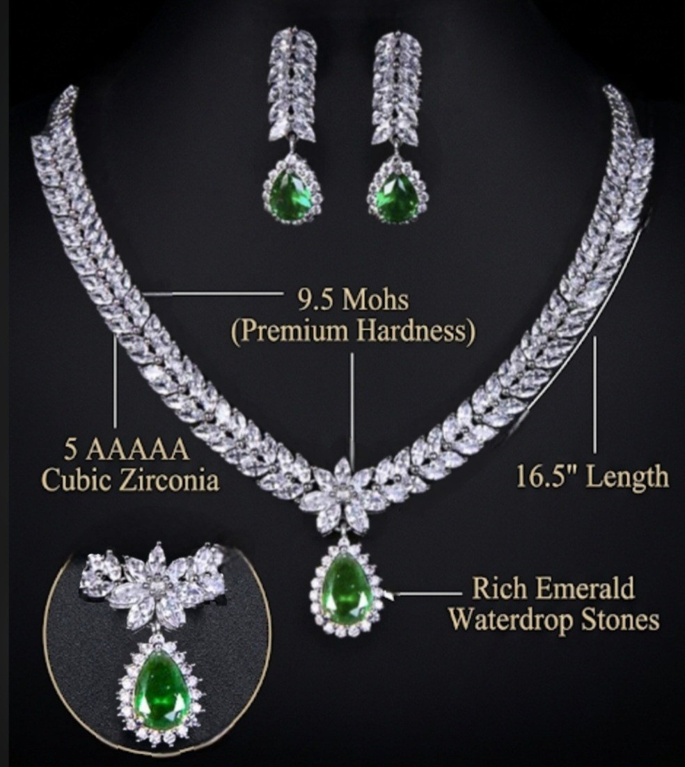Luxury Emerald Waterdrop Wedding Jewelry Set 18K Rhodium Plated 5A CZ Crystal