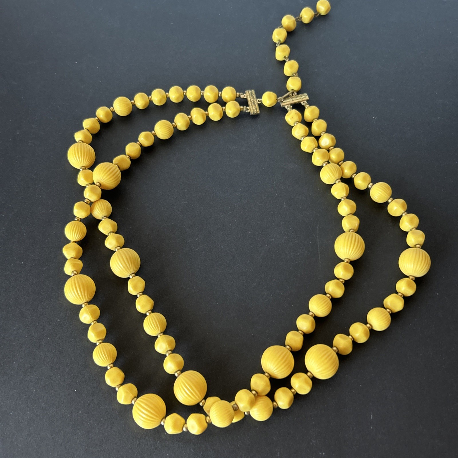 Vintage 2 Strand Yellow Beaded Necklace Textured Retro MCM Casual Woman’s 20″